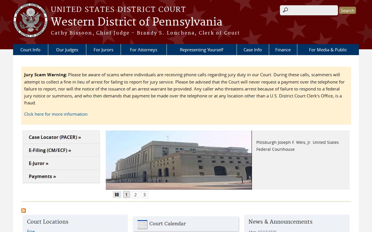 Western District of Pennsylvania federal court homepage serving Forest County