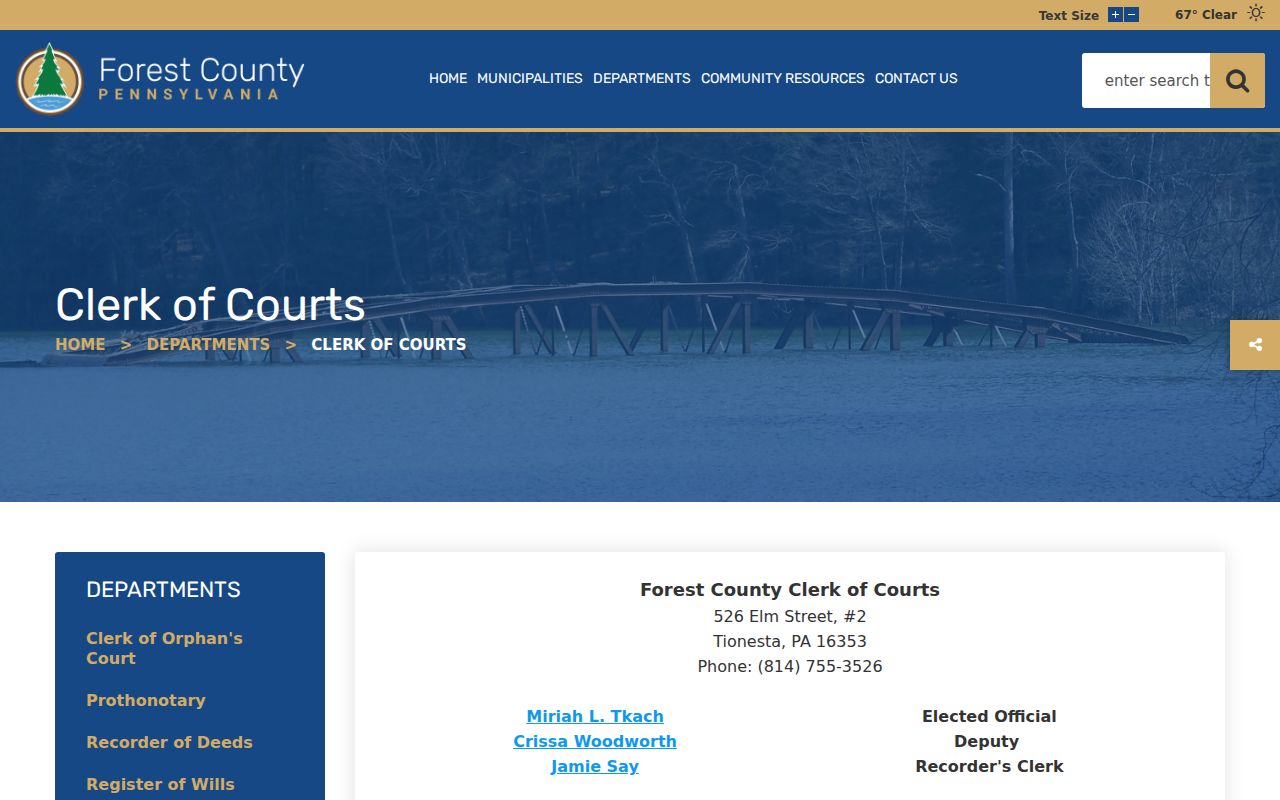 Forest County Clerk of Courts contact page for criminal case files