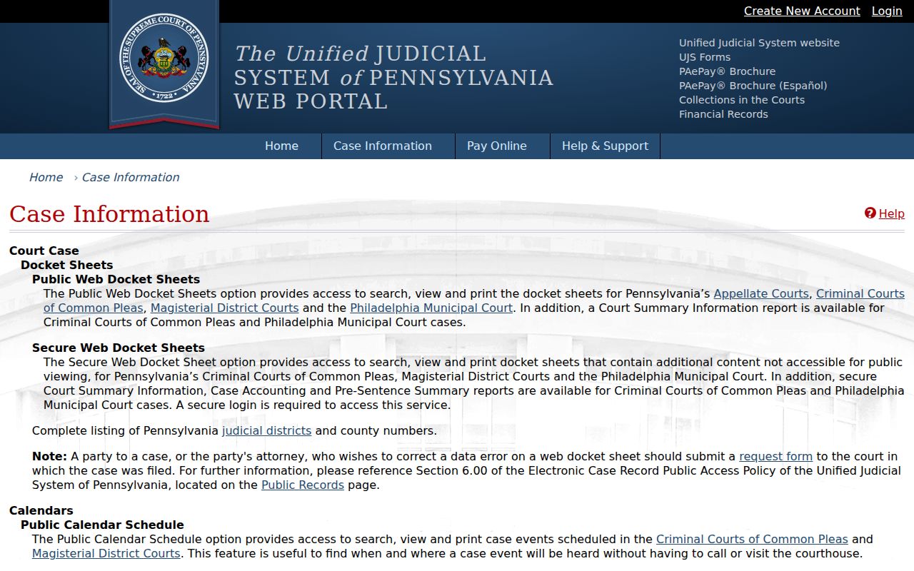 Pennsylvania UJS case information and PAeDocket options for Forest County