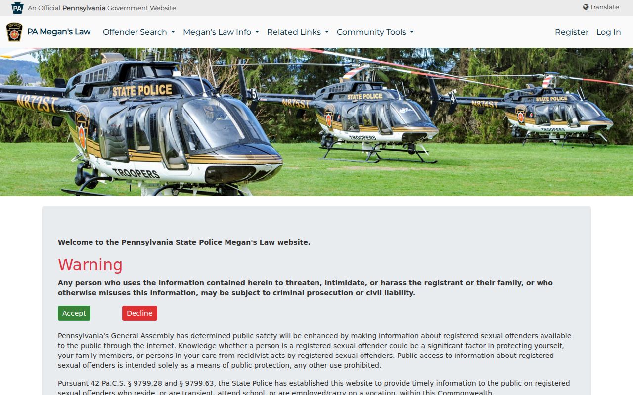 Pennsylvania Megan's Law registry acceptance warning for Forest County searches