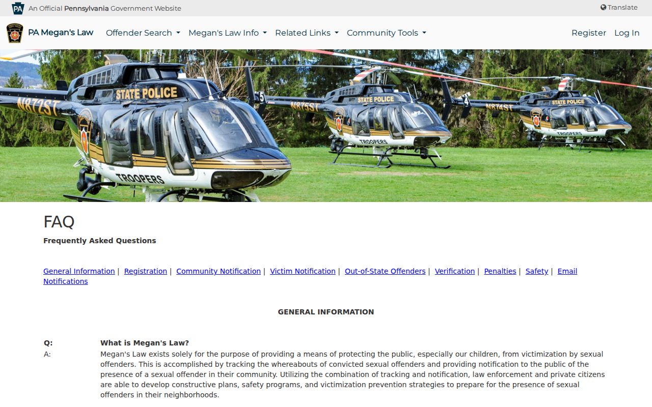 Pennsylvania State Police explanations of sex offender tiers and public registry information