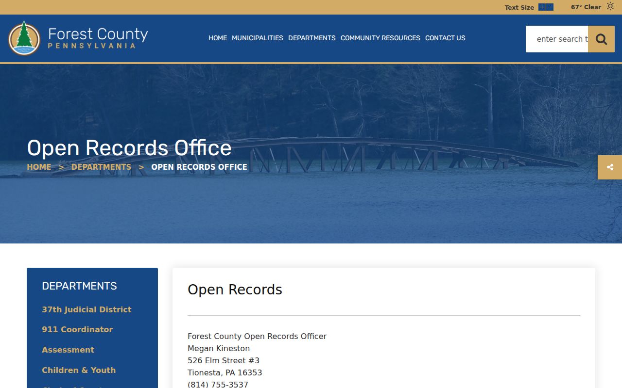 Tionesta criminal records request page from the Forest County Open Records Office
