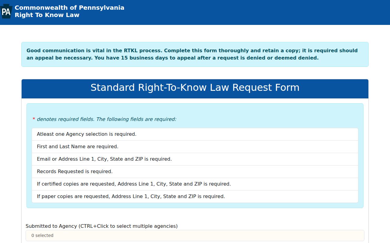 Tionesta criminal history access through the Pennsylvania Right-to-Know request form